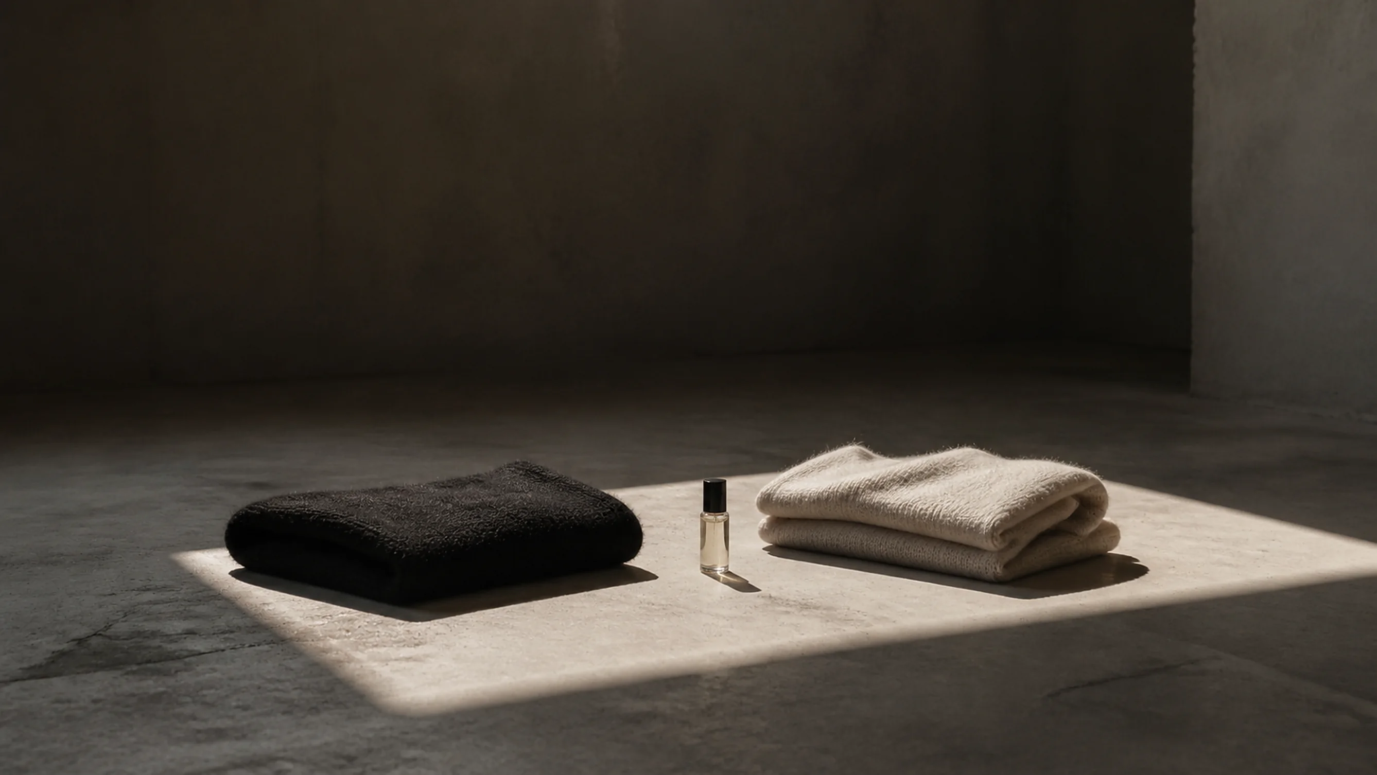 folded knitwear and a bottle in a square of light