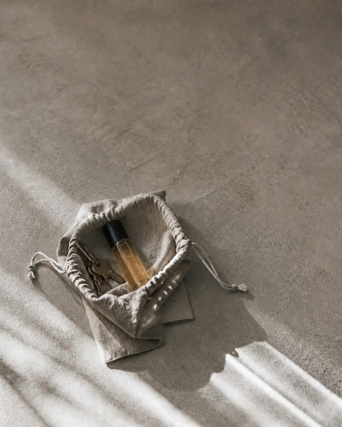 a roller bottle in a linen pouch