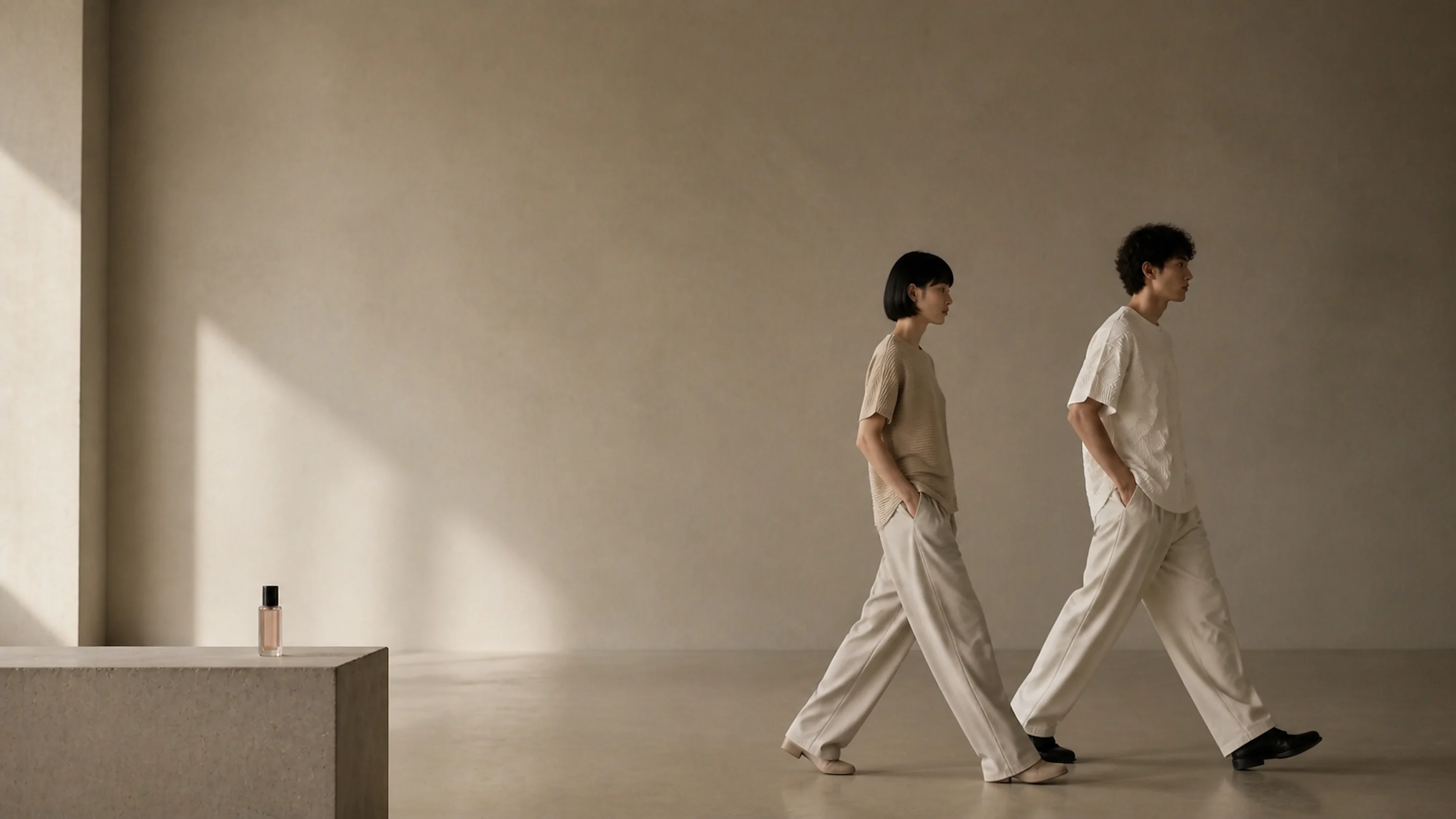 two figures crossing an empty room, a bottle on a plinth